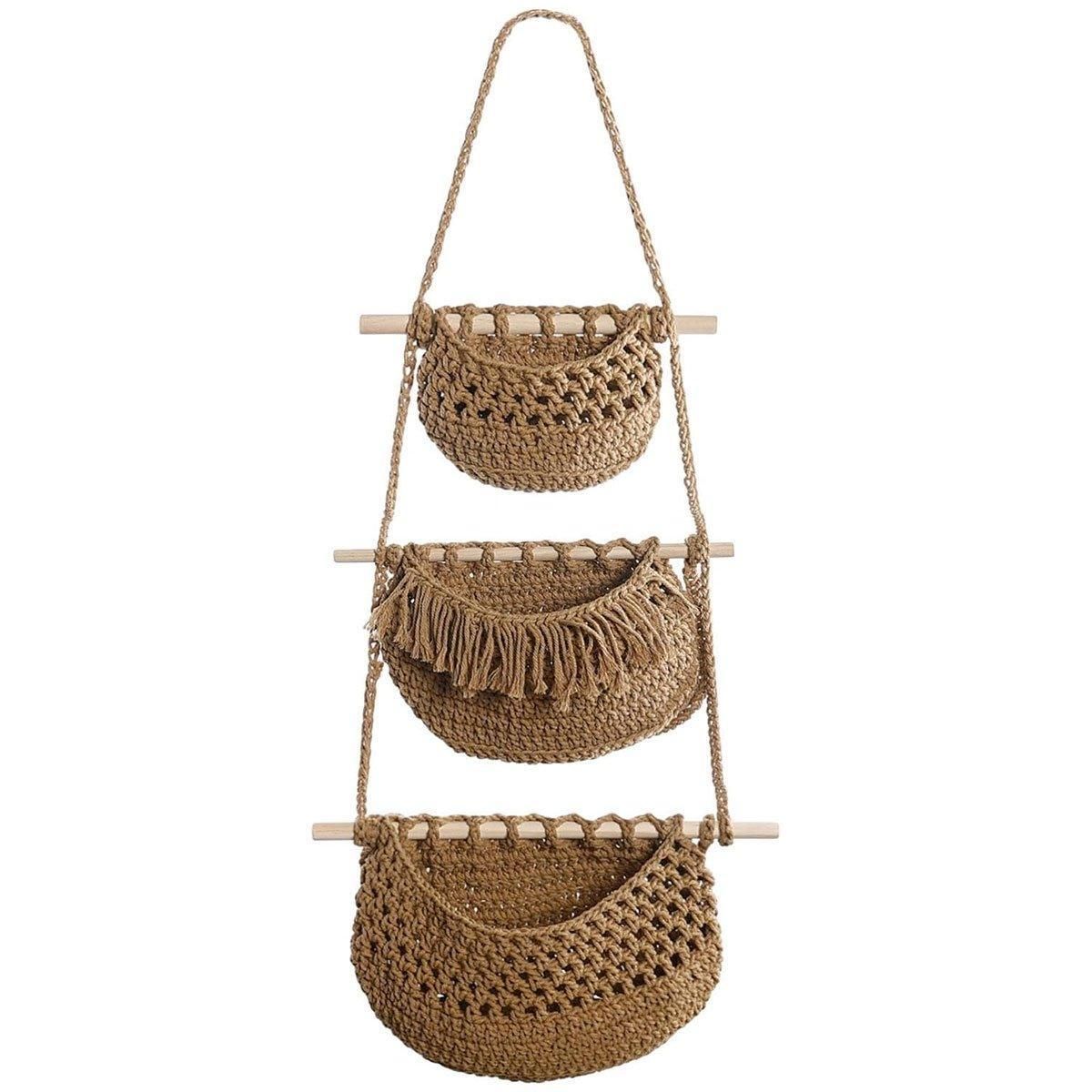 Three Layer Cotton Rope Wall Hanging Basket Door Storage Rack Organizer Bag - Brown